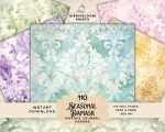 Seasonal Damask Vintage Papers: Horizontal Filler Pages, Junk Journal Supplies, Background Papers