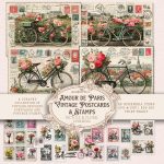 Amour de Paris Vintage Postcards & Stamps: Romantic French Bicycle Ephemera, Floral Stamps