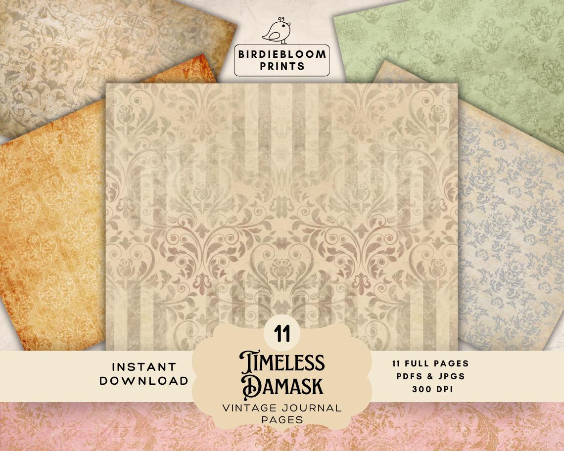 il_fullxfull.8125907941_gk61.jpg Timeless Damask Vintage Papers: Horizontal Filler Pages, Junk Journal Supplies, Background Papers - Image 1