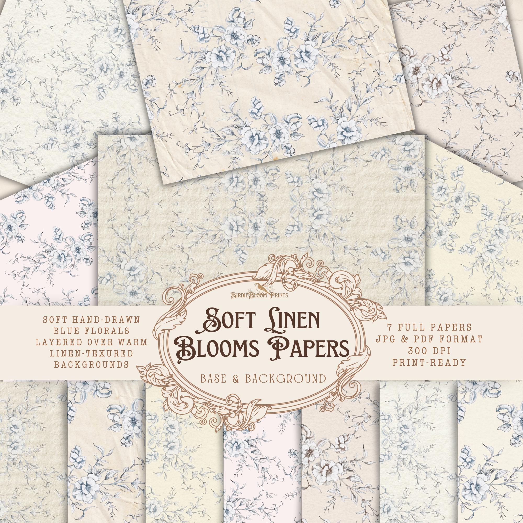 il_fullxfull.8125964927_fm2m.jpg Linen Floral Junk Journal Papers: Shabby Chic Blue Blooms (Digital Download) - Image 1