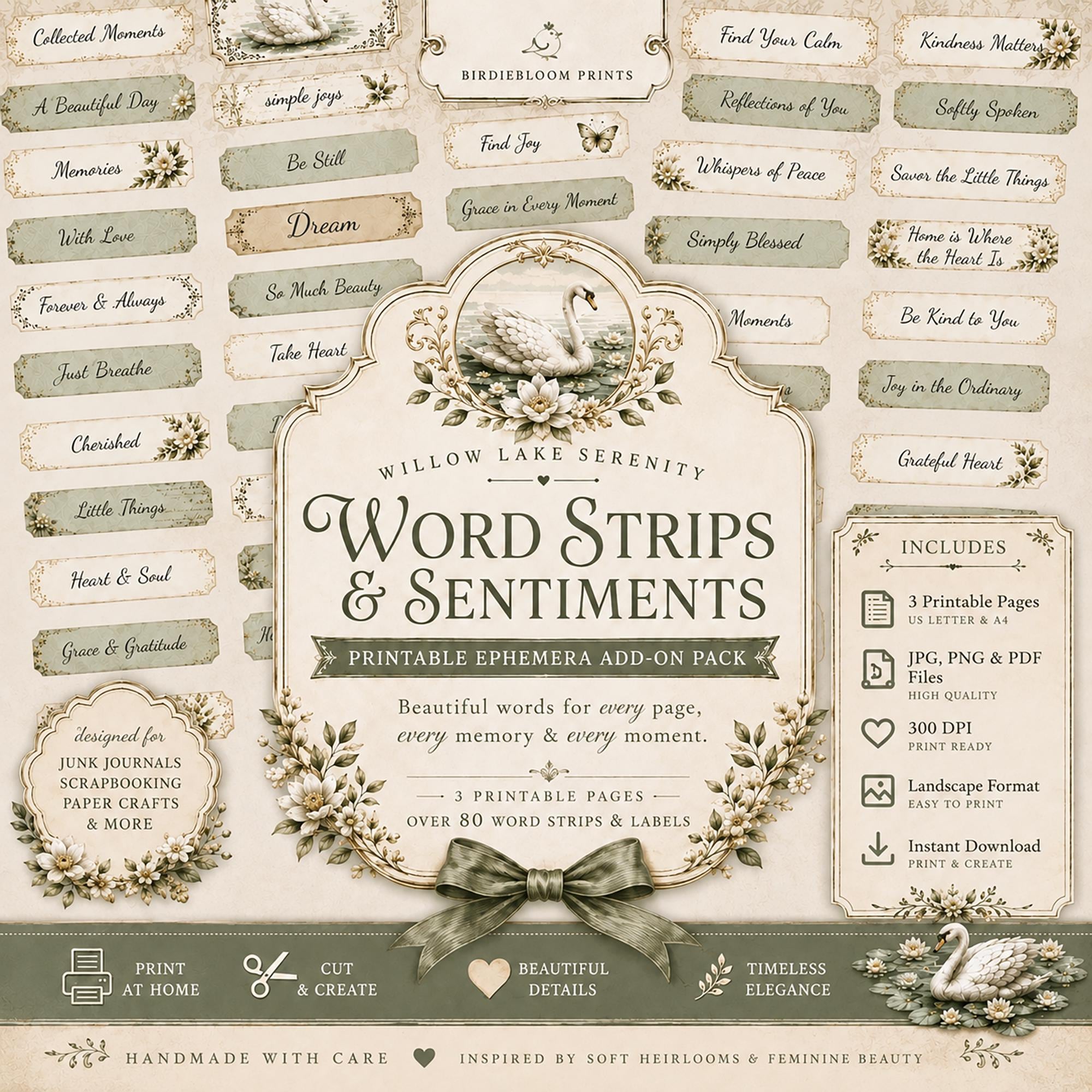 il_fullxfull.8129142233_i3ur.jpg Willow Lake Serenity Word Strips | Vintage Swan Ephemera (Digital Download) - Image 1